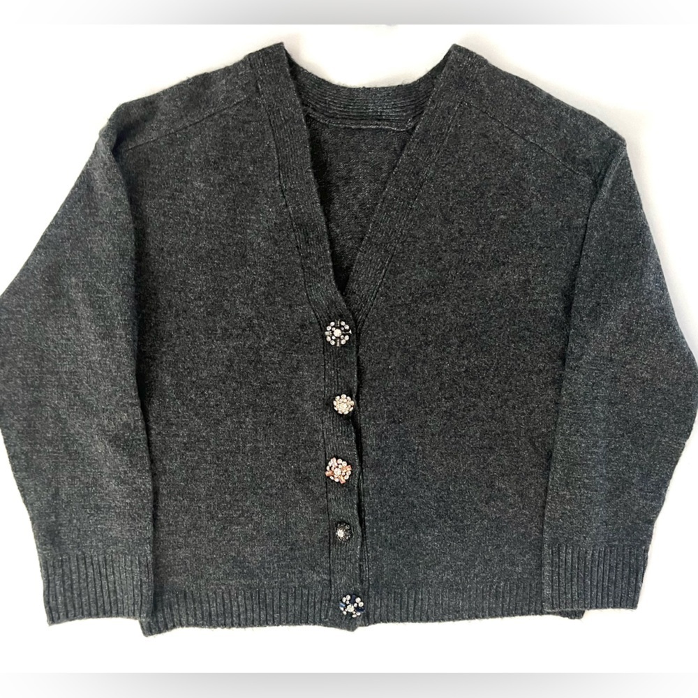 CeCe Charcoal Gray Embellished Button Cardigan – Soft Knit V-Neck Sweater SZ: S - Picture 3 of 14